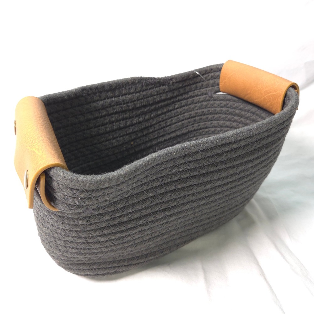 Brightroom Small Oval Decorative Coiled Rope Basket Gray with Leather Handles